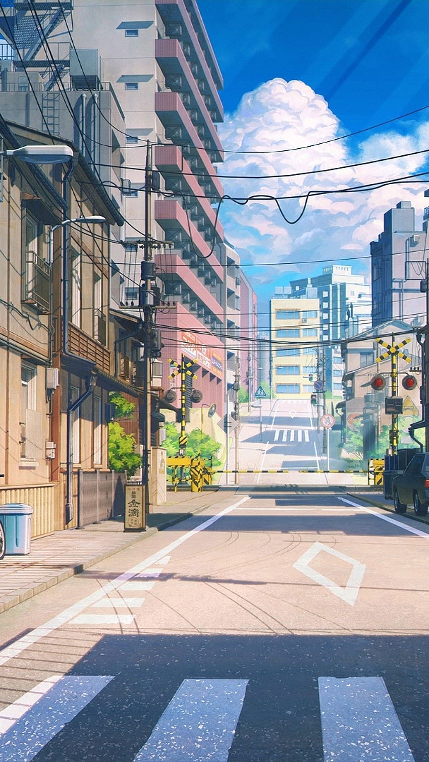 アニメストリート, 風光明媚な, 建物, 自転車, 車, アニメの風景 HD電話の壁紙