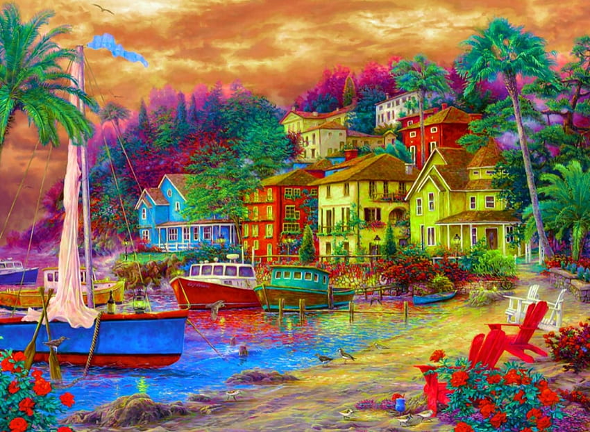 Beautiful Dwellings, inn, art, painting, boats HD wallpaper