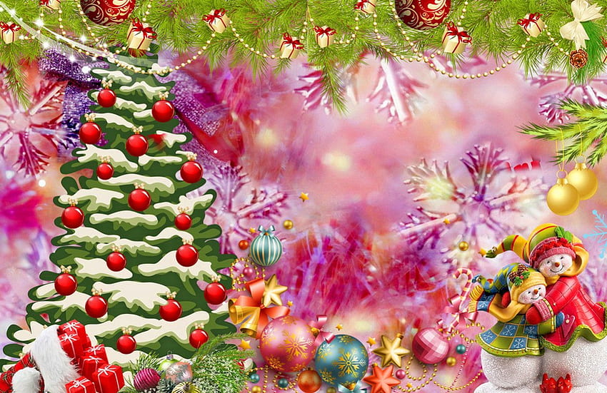 Christmas scrap, winter, colorful, fun, nice, snowflakes, holiday, santa, new year, frost, mood, ornaments, snowmen, gifts, balls, beautiful, tree, decoration, scrap, pretty, christmas, joy, lovely HD wallpaper