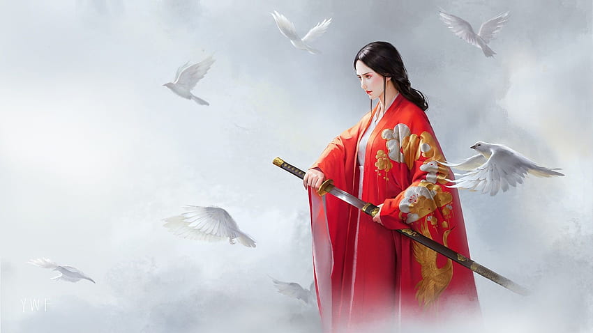 Hermosa niña china, vestido rojo, espada, pájaros, estilo retro, arte completo fondo de pantalla