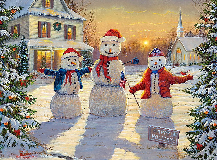 Świąteczne powitania, zima, bałwanki, grafika, malarstwo, Boże Narodzenie, śnieg, drzewa, chata, zachód słońca Tapeta HD