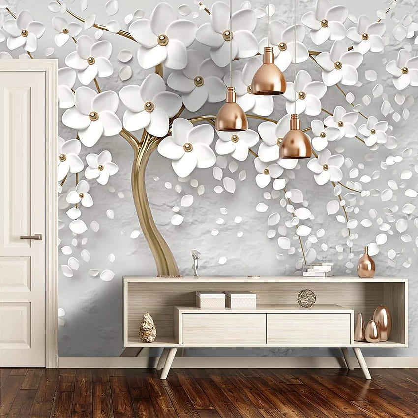 3D златно дърво с цветя, бяло 3D флорално пано за стена, художествено флорално пано за стена, дизайн на спалня за всекидневна, обелете и залепете пано за спалня: ръчно изработени продукти, злато 3D HD тапет за телефон