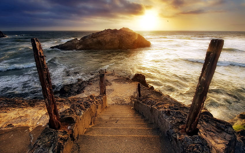 Nature, Sea, Sun, Waves, Rock, Horizon, Shine, Light, Stairs, Ladder, Foam, Steps, Overcast, Mainly Cloudy, Descent, Stakes, Pegging HD wallpaper