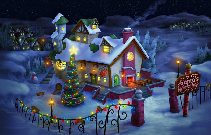 クリスマス コテージ、夜、冬、家、ツリー、装飾、休日、かなり、光、雪、クリスマス、コテージ、夜、サンタ 高画質の壁紙