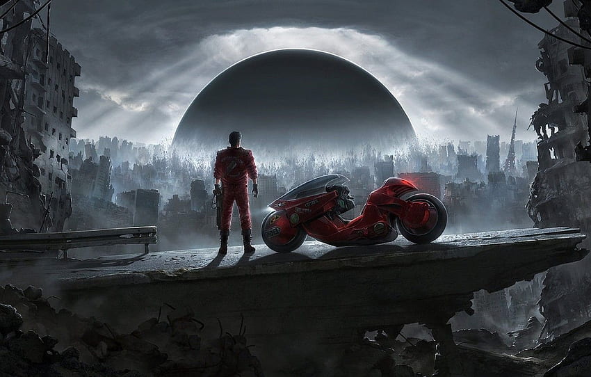 the explosion, clouds, future, fiction, building, motorcycle, devastation, ruins, bike, cyberpunk, postapocalyptic, step, Akira, Akira, Kaneda's motorcycle, New Tokio for , section фантастика HD wallpaper