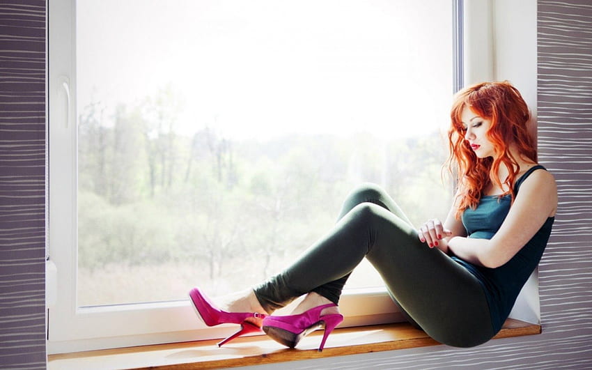 Beautiful girl Redhead in Window, beautiful, people, window, readhead HD wallpaper