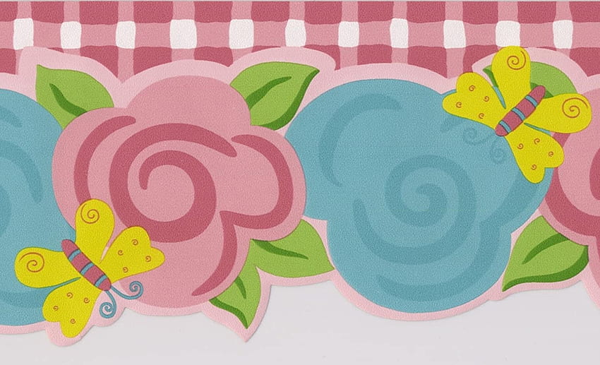 Rosa aquamarine Blumen-gelbe Schmetterlings-Grenze für Kinder, gelbe Blumen und Schmetterlinge HD-Hintergrundbild