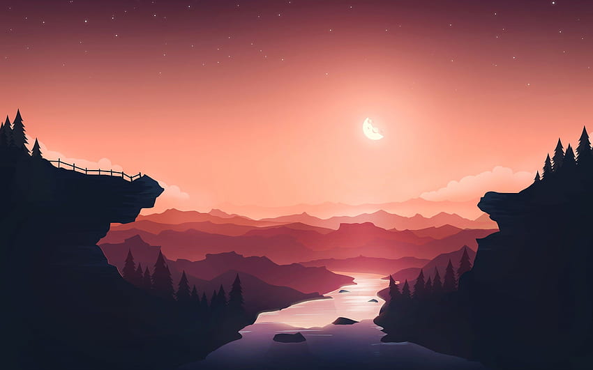 Sonnenuntergang, Mond, Fluss, Berge, Hintergrund mit Farbverlauf, Pfirsichhintergrund, Natur HD-Hintergrundbild