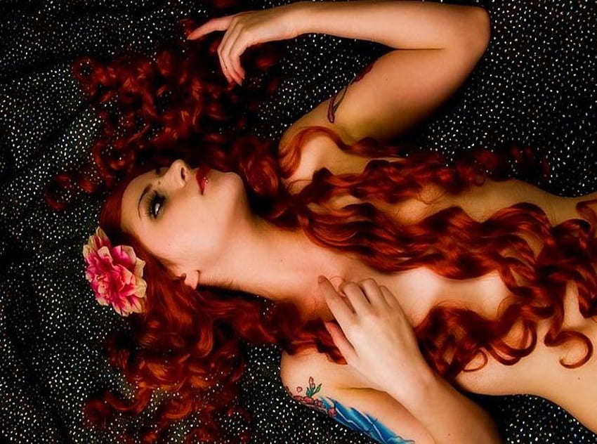 LONG RED HAIR.., flower, face, beautiful, redhead, hair, long HD wallpaper