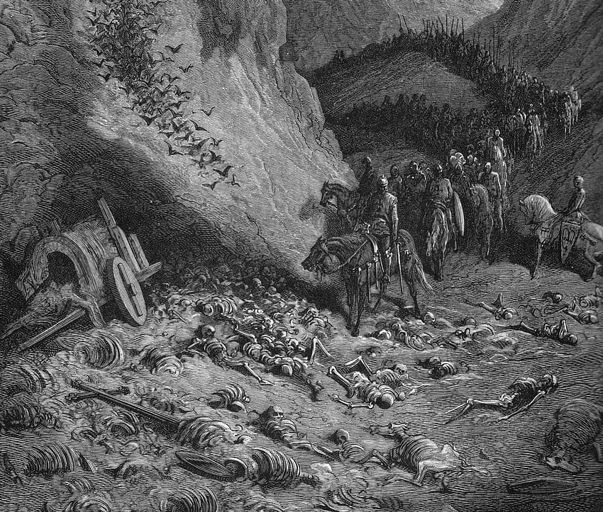 wojna, martwy, skala szarości, szkielety, Gustave Dore, grafika, rysunki, Gustave Doré Tapeta HD