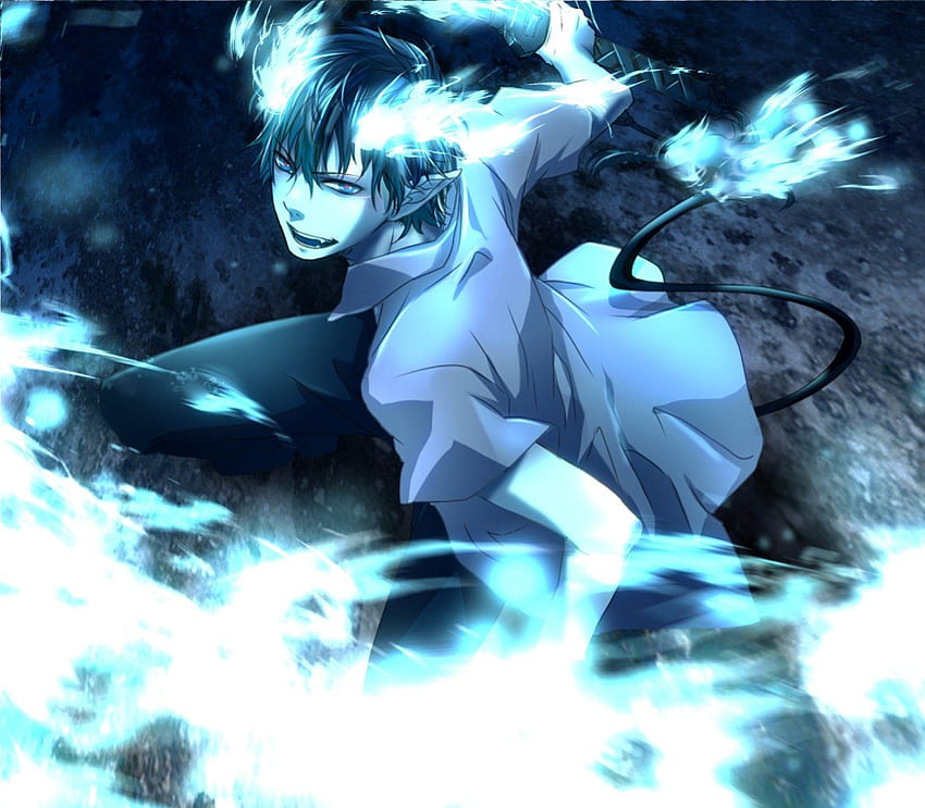 Okumura Rin, blue, black, scary, glow, rin, eerie, blue flame, mad, scare, 3d, abstract, cg, sinister, rin okumura, male, handsome, sword, blue exorcist, evil, dark, blade, boy, anime, light, weapon, angry, katana, realistic, guy, ao no exorcist HD wallpaper