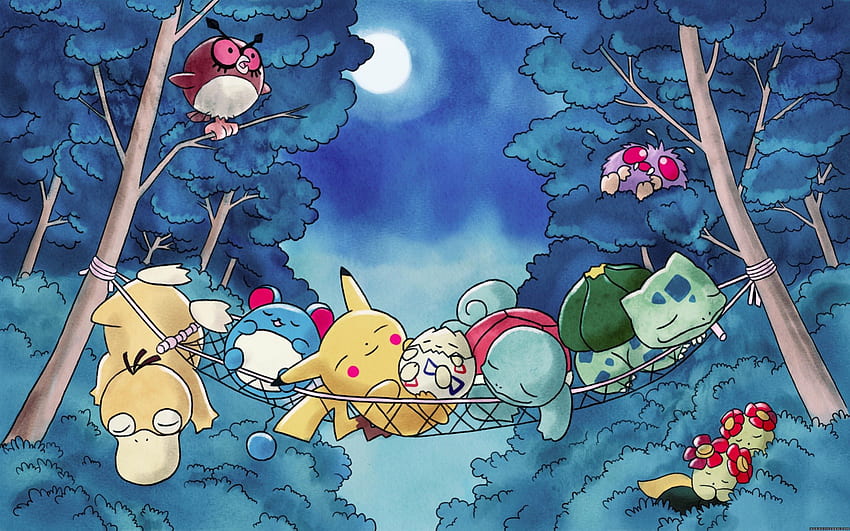 お休みなさい, Azurill, Pikachu, Bellossom, Psyduck, Bulbasaur, Togepi, Squirtle, Hoot-Hoot, Vennonet, Pokemon HD-Hintergrundbild