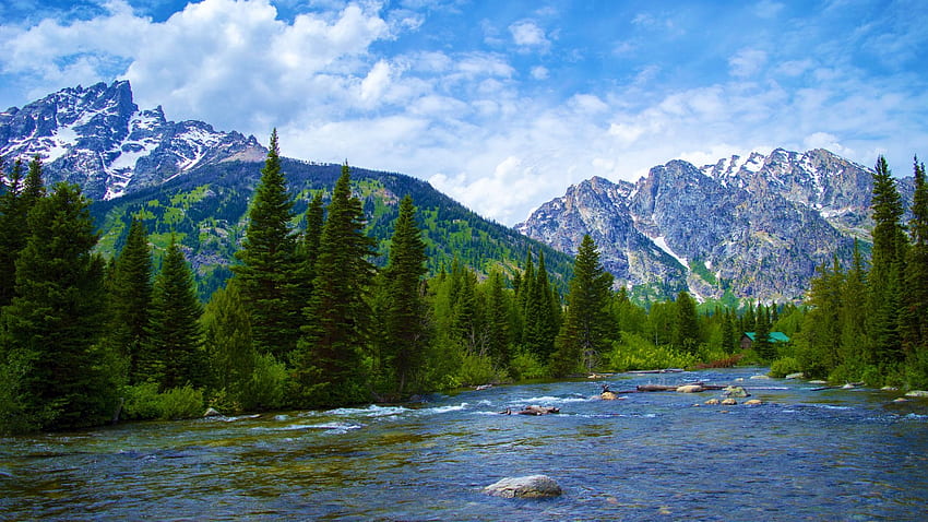 Grand Teton National Park, Wyoming, river, clouds, trees, landscape, sky, mountains, usa HD wallpaper