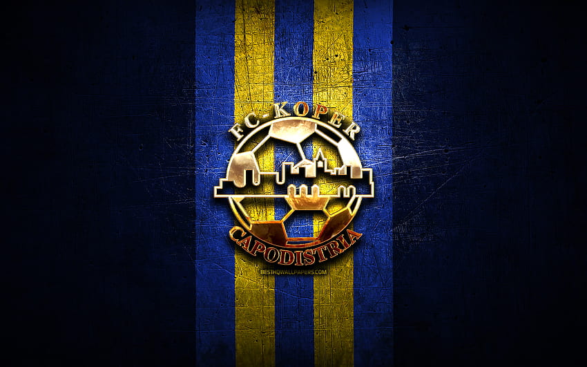 コペル FC、金色のロゴ、プルヴァ リーガ、青い金属の背景、サッカー、スロベニア サッカー クラブ、FC コペルのロゴ、サッカー、スロベニア、FC コペル 高画質の壁紙