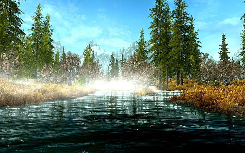 Szenisch, Bäume, Fluss, Skyrim HD-Hintergrundbild