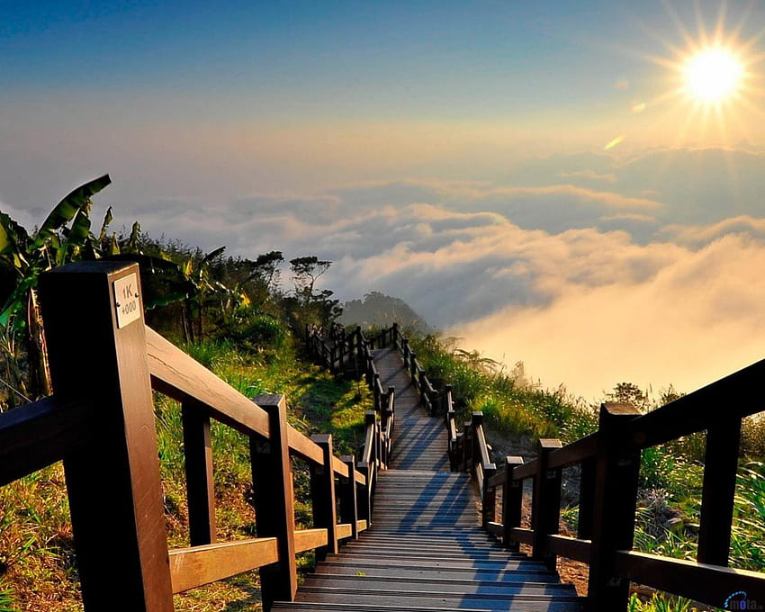 Stairway to heaven, sun, stairway, heaven, mountain HD wallpaper