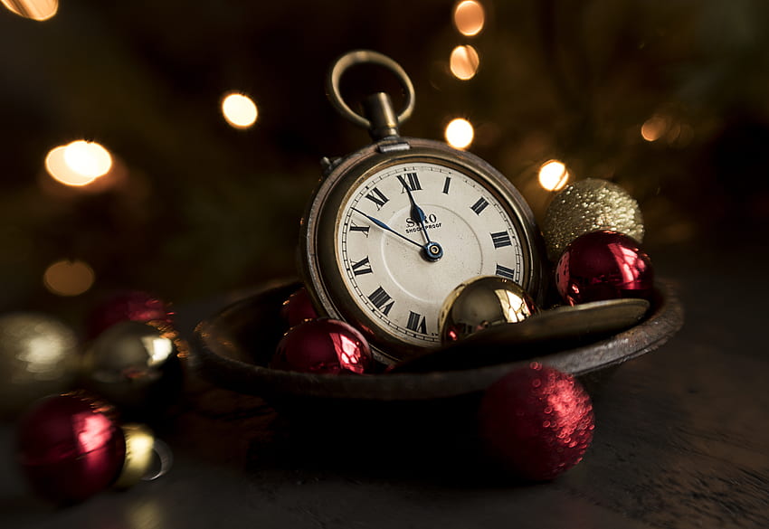 Holidays, New Year, Decorations, Clock, Christmas, Vintage, Balls HD wallpaper