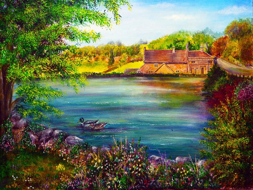 素晴らしい景色、景色、素晴らしい、湖、家 高画質の壁紙