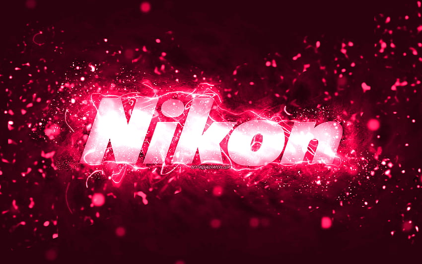 Nikon pink logo, , pink neon lights, creative, pink abstract background, Nikon logo, brands, Nikon HD wallpaper