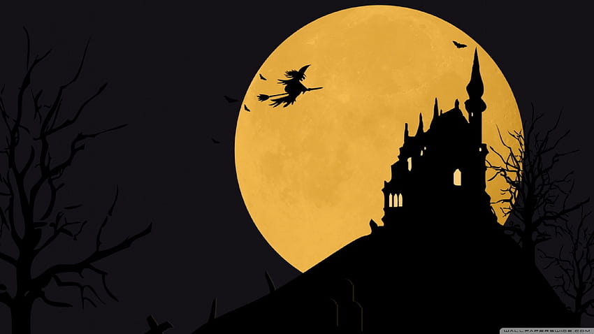 Halloween, Vollmond, Himmel, Licht, Mond, Silhouette, Gelb, himmlisches Ereignis, Zweig, Baum, Illustration, Halloween-Himmel HD-Hintergrundbild
