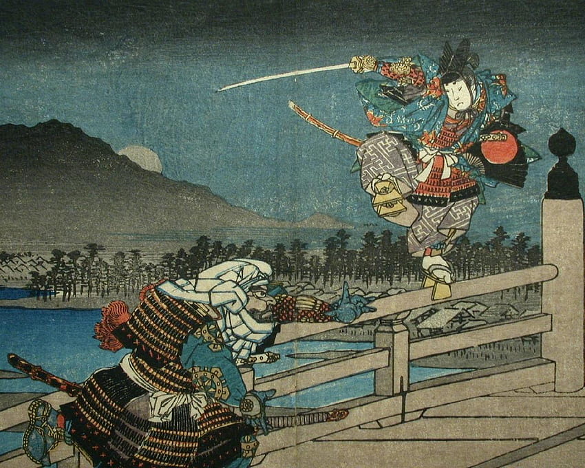 JAPANISCHER DRUCK VON AKROBATISCHEN SAMURAI -, japanische Kunstwerke HD-Hintergrundbild