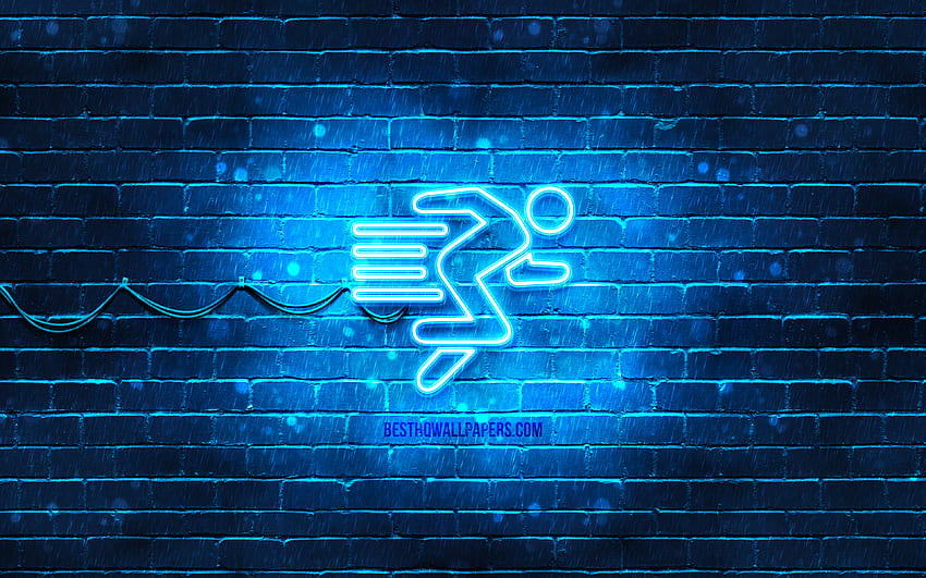 Egzersiz neon simgesi, mavi arka plan, neon semboller, Egzersiz, neon simgeler, Egzersiz işareti, spor işaretleri, Egzersiz simgesi, çözünürlüğe sahip spor simgeleri. Yüksek kalite HD duvar kağıdı