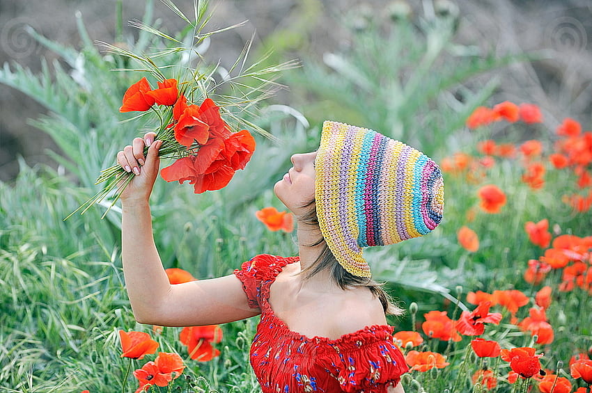 beautiful girl on a field with poppies, poppies, field, red, flowers, girl HD wallpaper