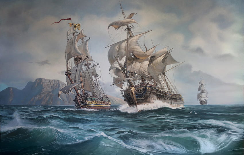 มหาสมุทร, ทะเล, คลื่น, เรือ, เรือใบ, เรือ, ใบเรือ, วาด, The Great Northern War, Oleg Yudin, Matte Painting, Episode of The Northern War of 1700 1721, Great Northern War For , Section วอลล์เปเปอร์ HD