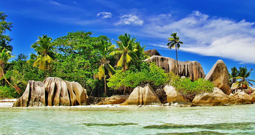 Seychellen, Meer, Palmen, Tropen, exotisch, paradiesisch, schön, Felsen, Strand, Urlaub, Sommer, Ruhe, Brise, Himmel, Meer HD-Hintergrundbild