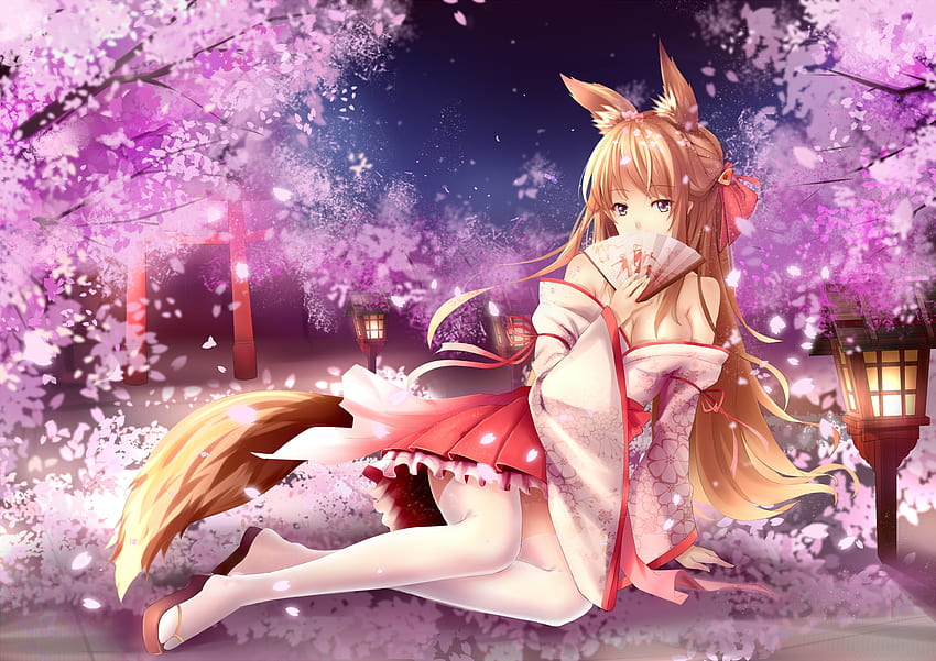 Fox girl, yeluno meng, dziewczyna, lis, wiosna, różowy, anime, fantasy, sakura, czerwony, manga Tapeta HD