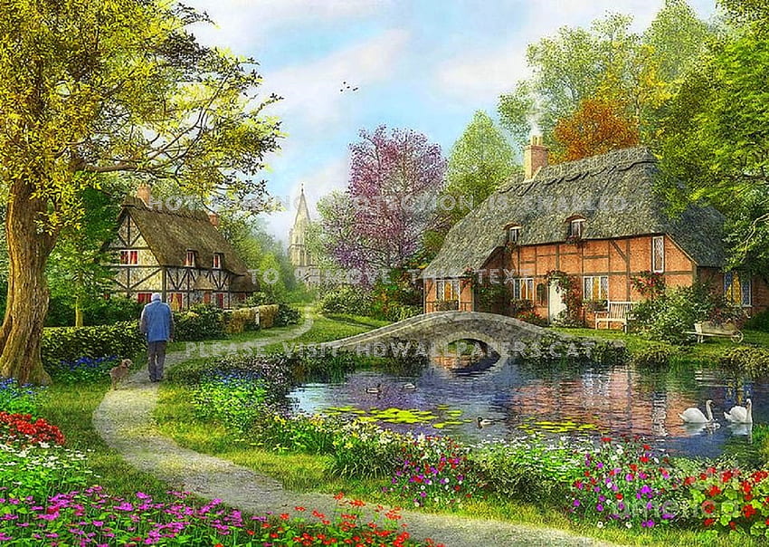 English Cottage Flowers Gardens Lakes In - Красиви мостове и езера - HD тапет