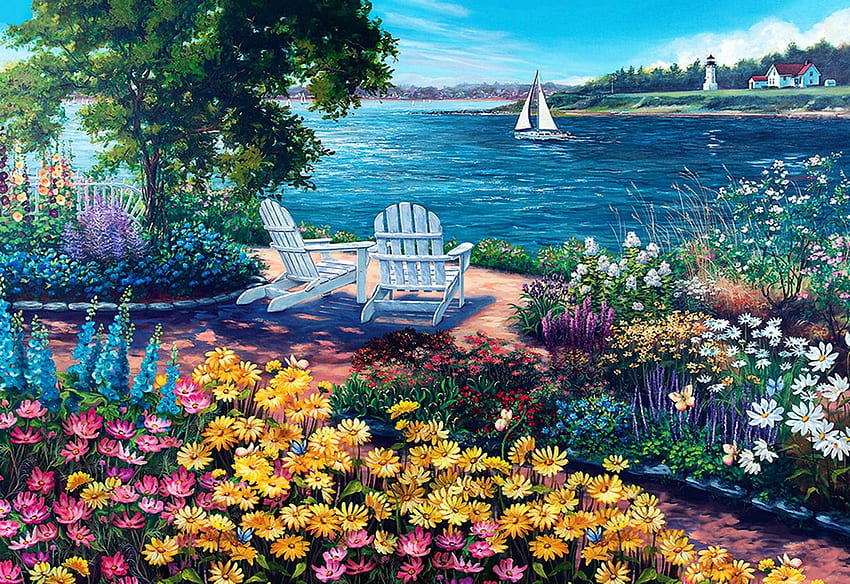Seashore, boat, trees, chairs, flowers, painting HD wallpaper