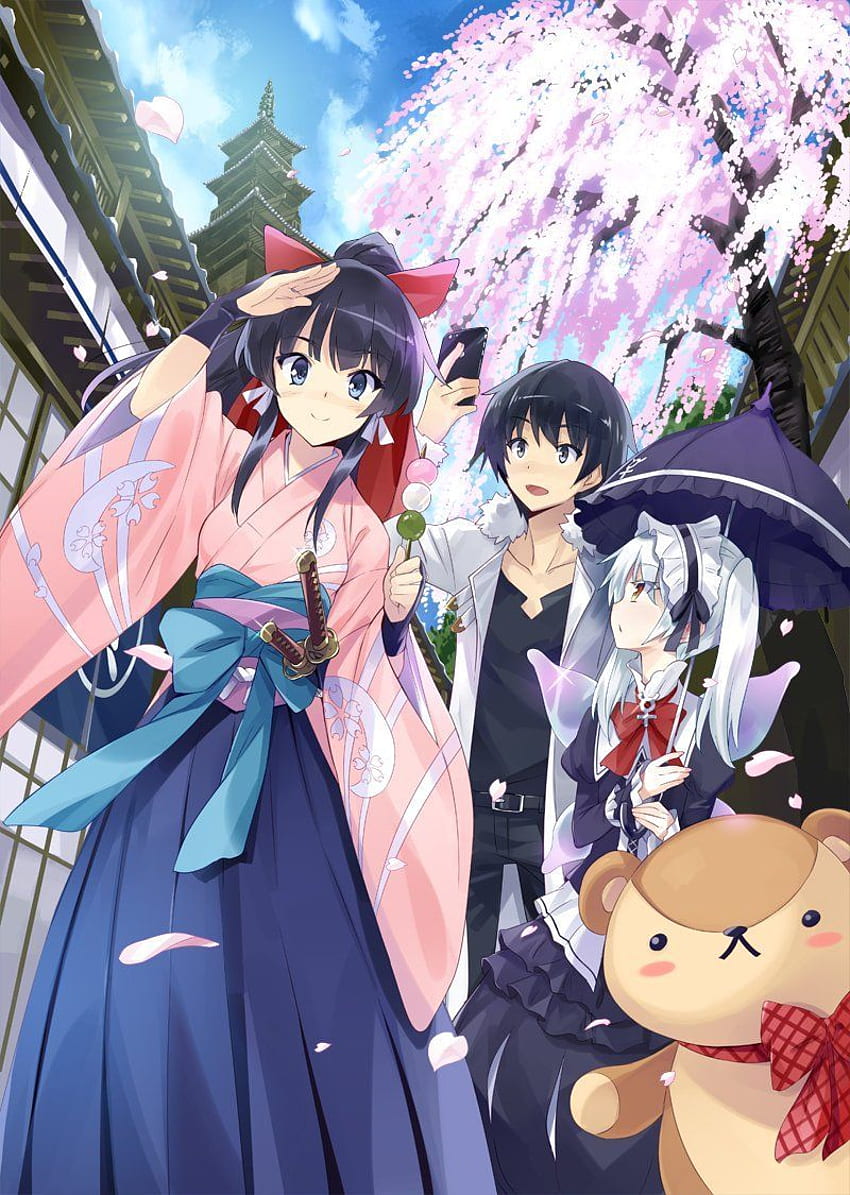 usatsuka eiji isekai wa smartphone to tomo ni. elze silhoueska kokonoe yae  leen (isekai wa smartphone to tomo ni.) linze silhoueska dress japanese  clothes lolita fashion seifuku sword thighhighs umbrella, #942435