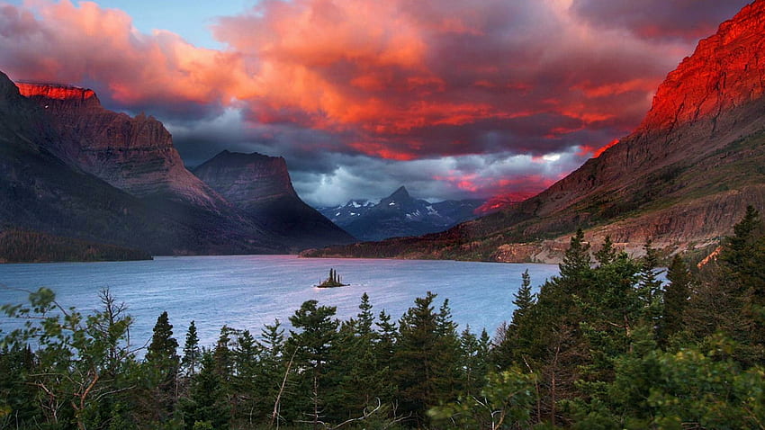 Parque Nacional Glacier, montañas, puesta de sol, estados unidos, árboles, nubes, montana fondo de pantalla
