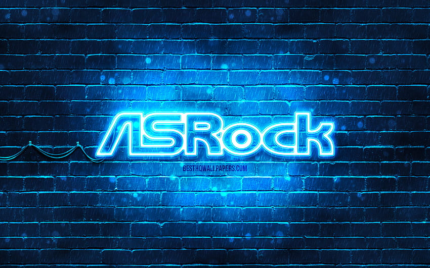 ASrock の青いロゴ, , 青いブリックウォール, ASrock のロゴ, ブランド, ASrock のネオンのロゴ, ASrock 高画質の壁紙