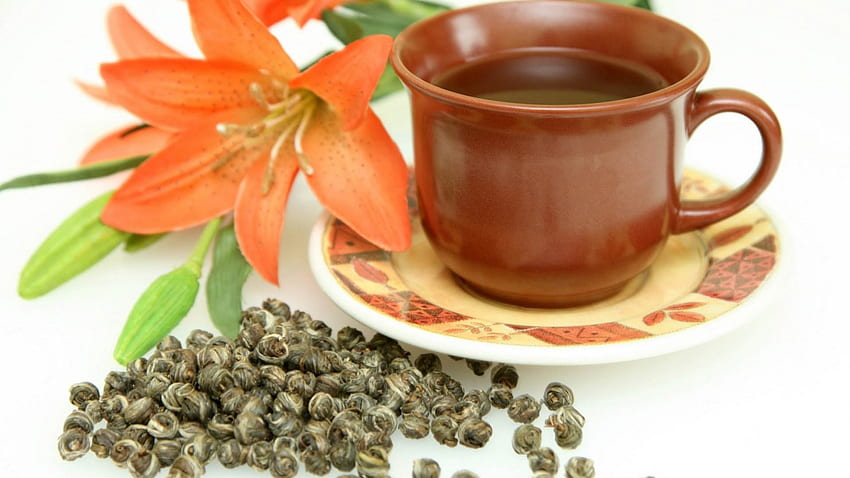 Tea, brown cup, orange flower, cup, drinks, orange, brown, flower, flowers, drink HD wallpaper