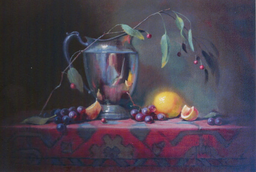 Художникът, маса, лимони, неръждаема стомана, грозде, горски плодове, цветя, клонка, листа, стомна, червено, плат HD тапет