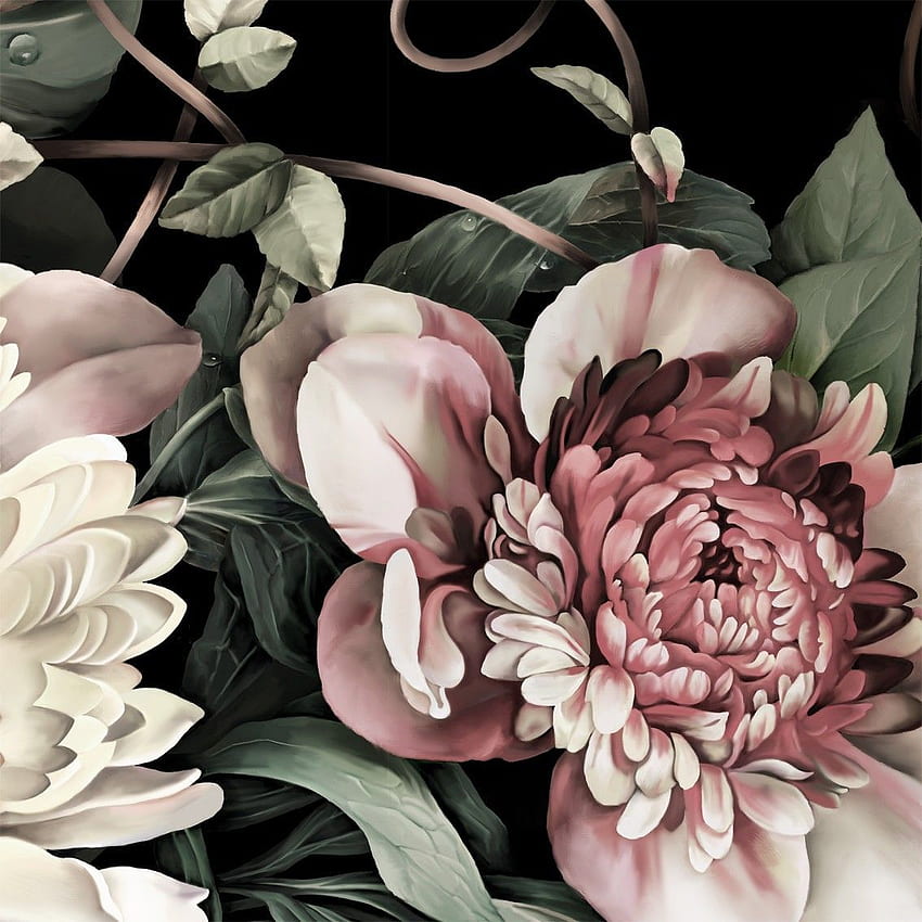 Dark Floral II Black Saturated - Floral - от Ellie Cashman Design. Флорални, Черни цветя, Цветя, Черни ретро цветя HD тапет за телефон