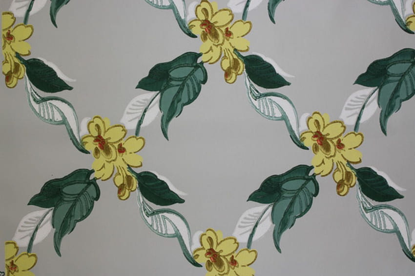 criss cross pattern yellow flowers with green and white leaves, Vintage 40s HD wallpaper