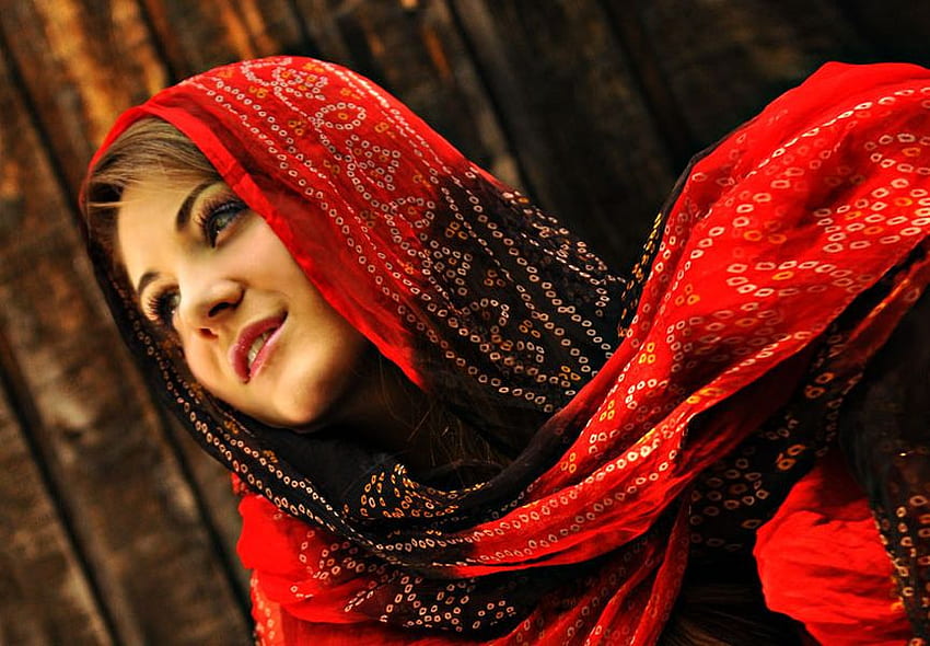 RED SCARF, scarf, woman, red, beauty HD wallpaper