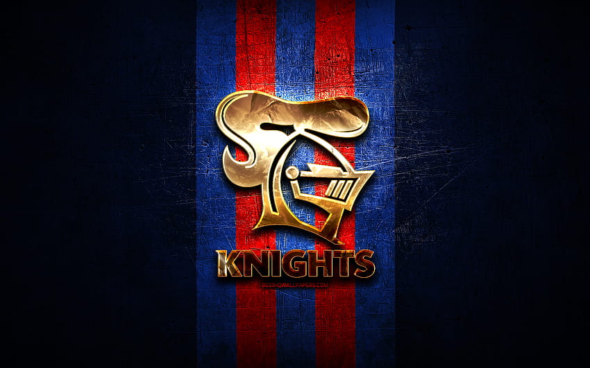 Newcastle Knights, golden logo, National Rugby League, blue metal background, australian rugby club, Newcastle Knights logo, rugby, NRL HD wallpaper
