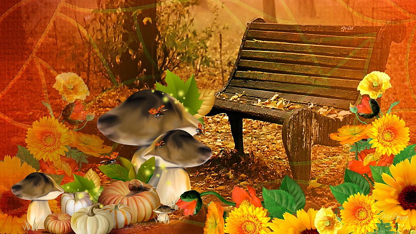 Etiqueta de mariquitas - Día de otoño brillante Cosecha de flores de otoño Mariquitas Champiñones Calabazas Fleurs Calabaza Octubre Acción de gracias fondo de pantalla