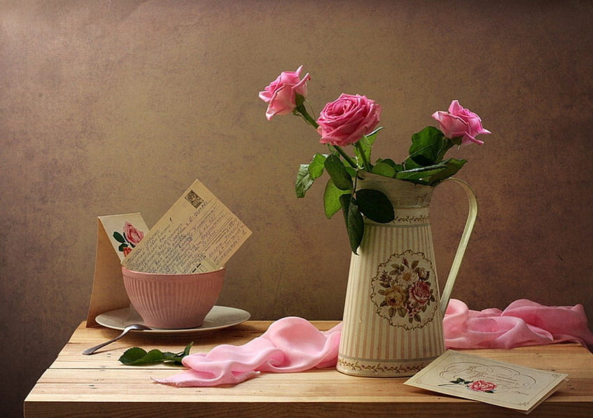 Roses, still life, old, flowers, femininity, scarf, envelope HD wallpaper
