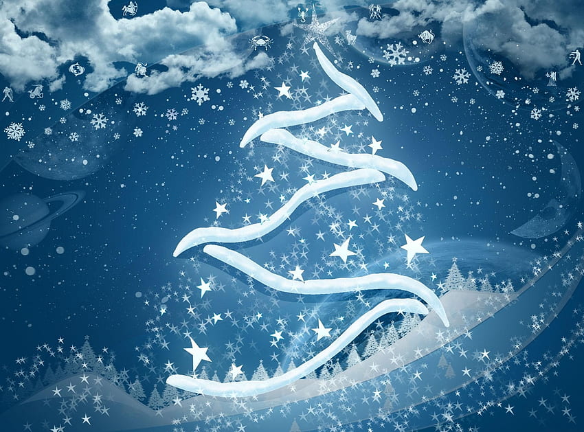 วันหยุด ดาวเคราะห์ ดาว เมฆ เกล็ดหิมะ ต้นคริสต์มาส สัญญาณราศี สัญญาณของจักรราศี วอลล์เปเปอร์ HD