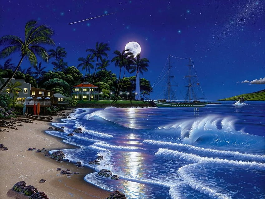 Moon Night Beach, Beach Side HD wallpaper