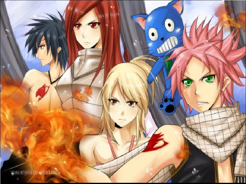 Fairy tail Guild - powerful friends, gray, erza scarlet, happy, lucy, natsu HD wallpaper