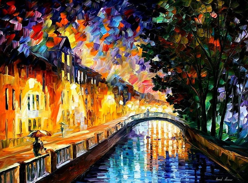 Leonid Afremov - Tarde de lluvia, noche, lluvia, ciudad, arte, colores, árbol, leonid afremov, pintura, luces, puente, otoño, agua, tarde fondo de pantalla