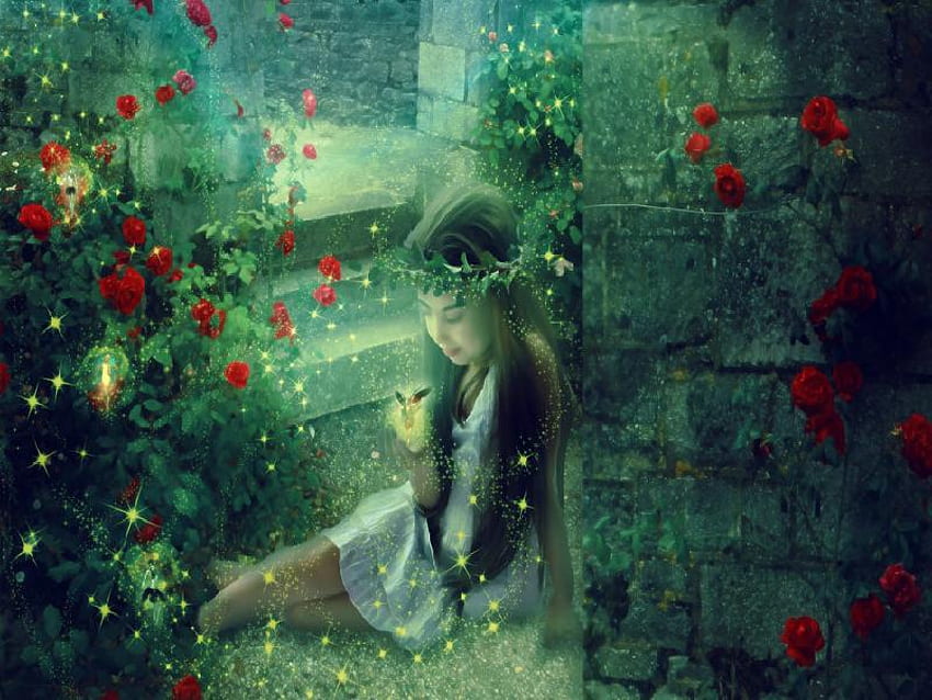Her Secret Garden, glow, colors, peaceful, butterflies, magical, bright, adorable, girl, flying, grass, fantasy, light, green, nature, peace, child, relaxing, colorful, glowing, cute, relax, beauty, butterfly, magic, roses, color, garden, beautiful, secret, little, red, yellow, fly, flowers HD wallpaper