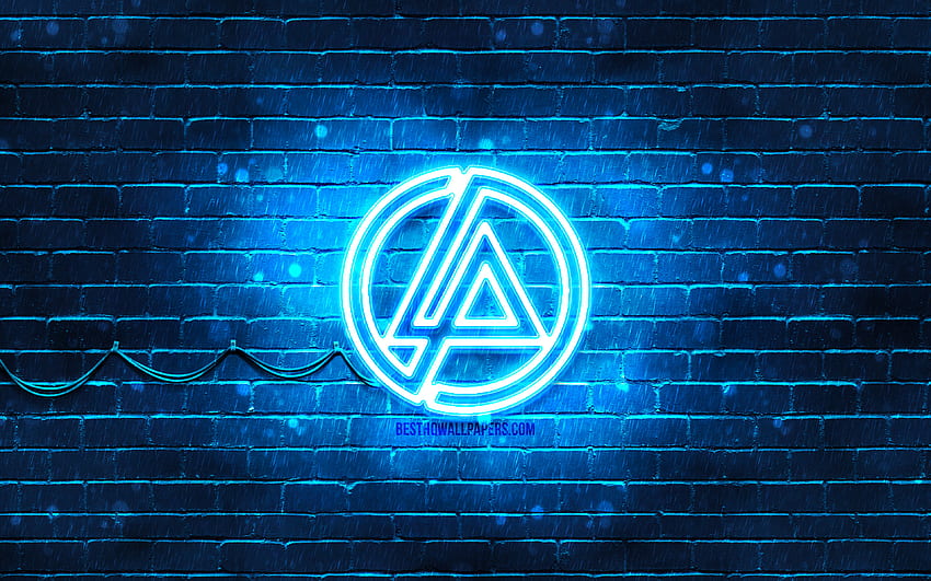 Blaues Logo von Linkin Park, , Musikstars, blaue Ziegelwand, Logo von Linkin Park, Marken, Neon-Logo von Linkin Park, Linkin Park HD-Hintergrundbild