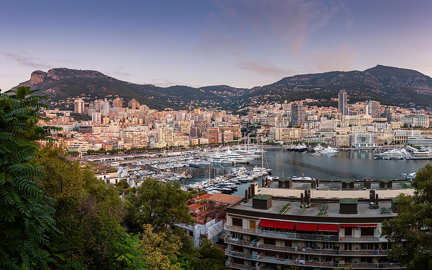 Monte Carlo, puerto, tarde, puesta de sol, Port Hercules, ensenada, yates de lujo, paisaje urbano de Monte Carlo, panorama de Monte Carlo, horizonte de Monte Carlo, Mónaco fondo de pantalla